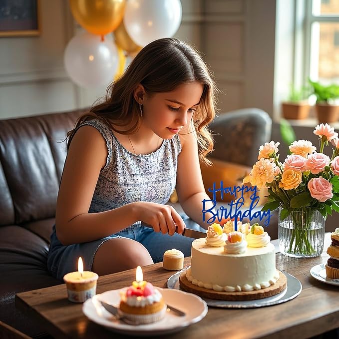 Blue Happy Birthday Cake Topper - Acrylic WordArt Design for Cakes and Cupcakes, Suitable for Birthday Party Decoration