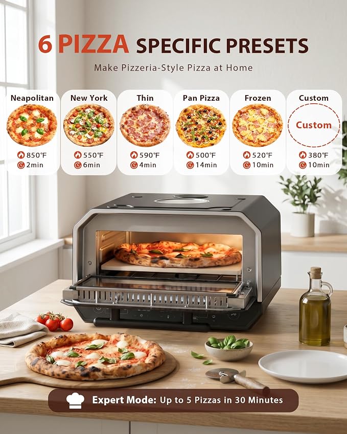 13-in-1 Countertop Pizza Oven, 90-Second 12 Inch Pizza, up to 850°F, 6 Presets & 6 Bake Modes, PID Control, Expert Mode Makes 5 in 30 Min for Home Pizzeria, Top Window & On-Demand Light, Black