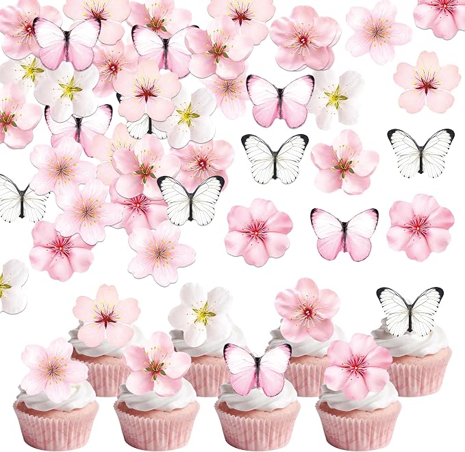 72 PCS Edible Cherry Blossoms Butterfly Cupcake Toppers Wafer Paper Flowers Cake Decorations Ideal for Baby Shower Kids Birthday Party Decorations Edible Flowers Cake Decorations for Celebrations