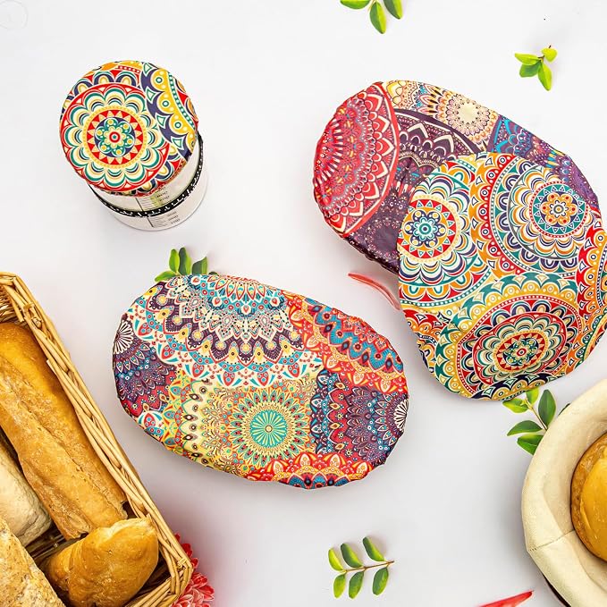 3Pack 10IN Oval Beeswax Bowl Covers with a 4IN Sourdough Jar lid,Reusable Bread Proofing Covers,100% Organic Cotton & Natural Beeswax,Elastic Cover for Sourdough for Dough Proofing & Food Storage