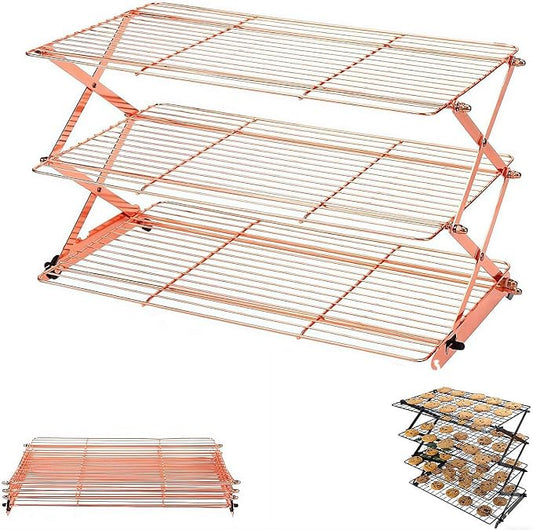 3-Tier Upgraded Collapsible Cooling Rack,Stackable Roasting Cooking Drying Wire Cooling Rack– Expand to Bake,Collapse to Save Space,Cookies Baking Gifts Drying Racks for Cake,Roasting,Grilling (Rose)