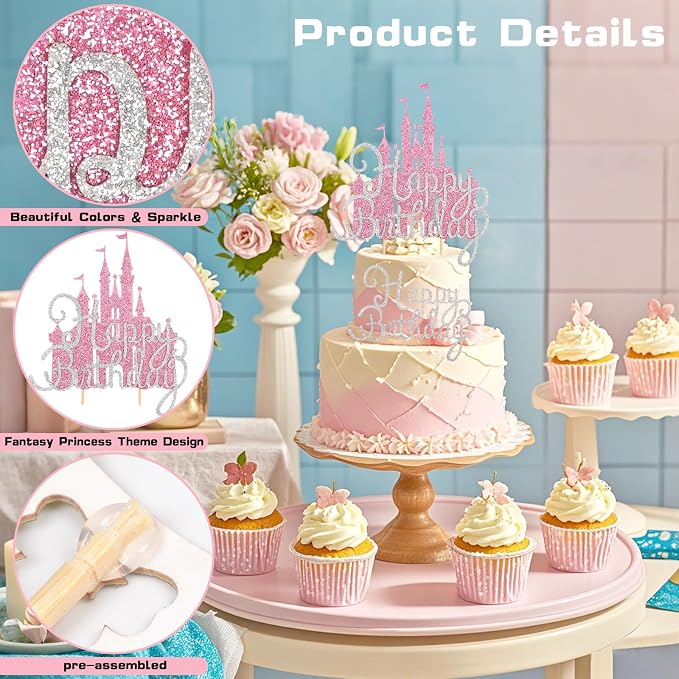 2Pcs Pink Princess Cake Toppers Silver Happy Birthday Cake Decorations Glitter Castle Picks for Girls Princess Birthday New Year Valentine's Day Party Supplies