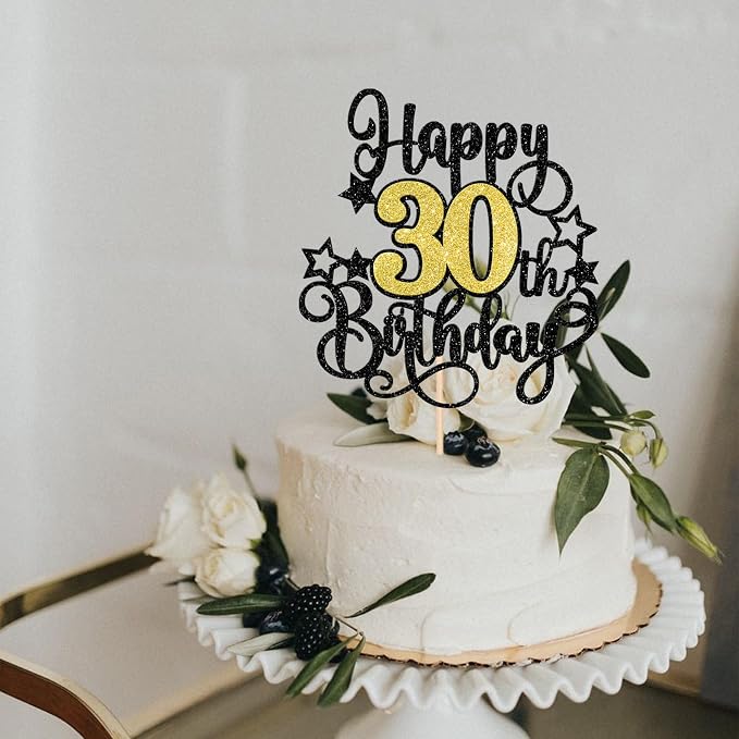 1 PCS Happy 30th Birthday Cake Topper Black Gold Glitter Cheers to 30 Years Birthday Cake Pick Hello 30 Fabulous Cake Decoration for Happy 30th Birthday Anniversary Party Decorations Supplies
