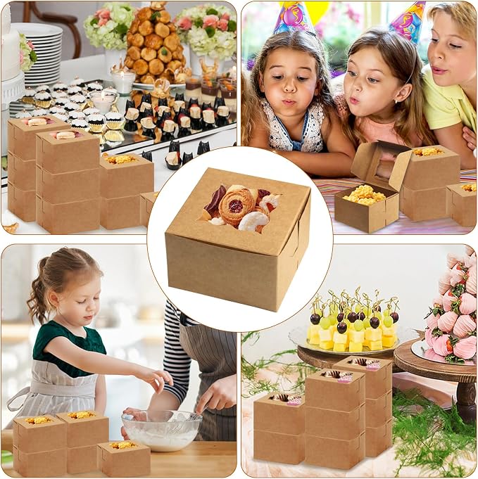 OAMCEG 30pcs Cookie Boxes with Window, 4x4x2.5 Inch Bakery Treat Boxes with Cake-Themed Stickers for Mini Cake, Pastry, Dessert, Chocolate, Strawberries, Party Favors (Brown)