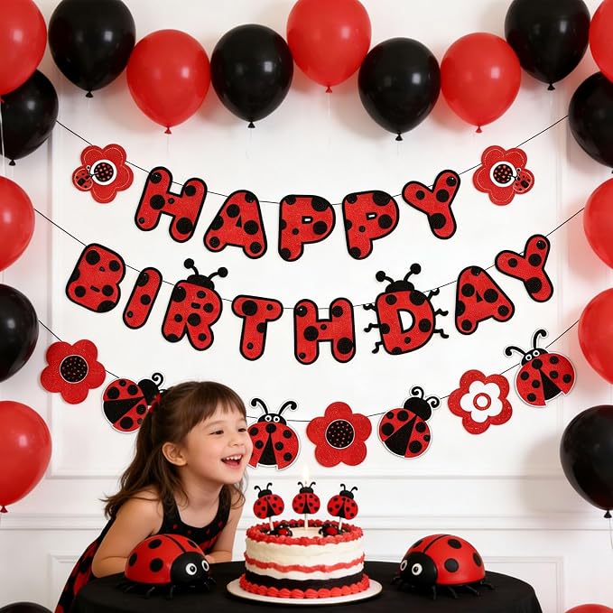 Zwiebeco Red Black Ladybug Happy Birthday Banner Bunting Hanging Paper Garland Party Decorations for Boys Girls Kids Baby Shower Insect Ladybird Themed Spring Garden Bday Decor Accessories Supplies