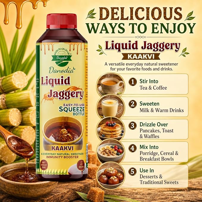 Danodia Foods Organic Liquid Jaggery Syrup, Gur Sweetener, 350g, Gur Cane | Pourable sugarcane sweetener for tea, coffee, baking, desserts, sauces, cooking and daily recipes; no preservatives used