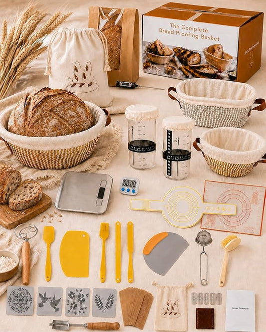 37 PCS Sourdough Starter Kit with Digital Scale, Timer, Thermometer, Bread Baking Supplies Kit, Round & Oval Banneton Proofing Basket Dough Whisk Bread Lame Complete Bread Making Tools Set