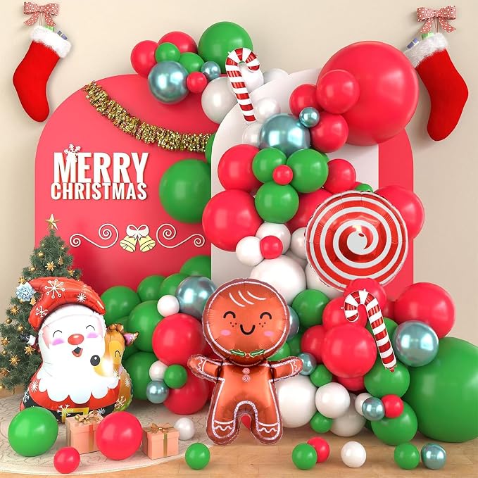 Christmas Balloon Garland Arch Kit, Christmas Balloon Arch with Metallic Green Red White Latex Balloons Snowflake Santa Foil Balloons Candy Cane for Xmas New Year Party Decoration
