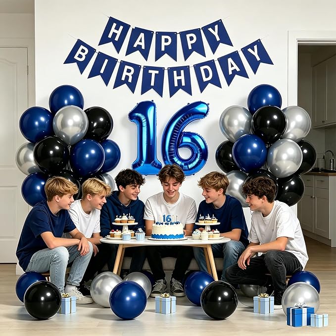 Blue 16th Birthday Decorations For Boys -12 Inch Navy Blue Black Silver Balloons, 32 Inch16 Balloon, Happy Birthday Banner For Sweet 16 Party Decorations Boy