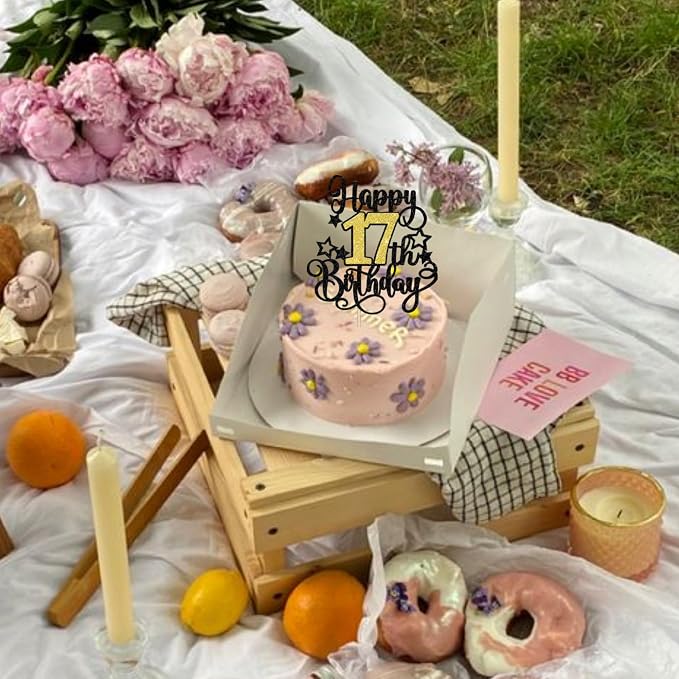 1 PCS Happy 17th Birthday Cake Topper Black Gold Glitter Cheers to 17 Years Birthday Cake Pick Hello 17 Fabulous Cake Decoration for Happy 17th Birthday Anniversary Party Decorations Supplies