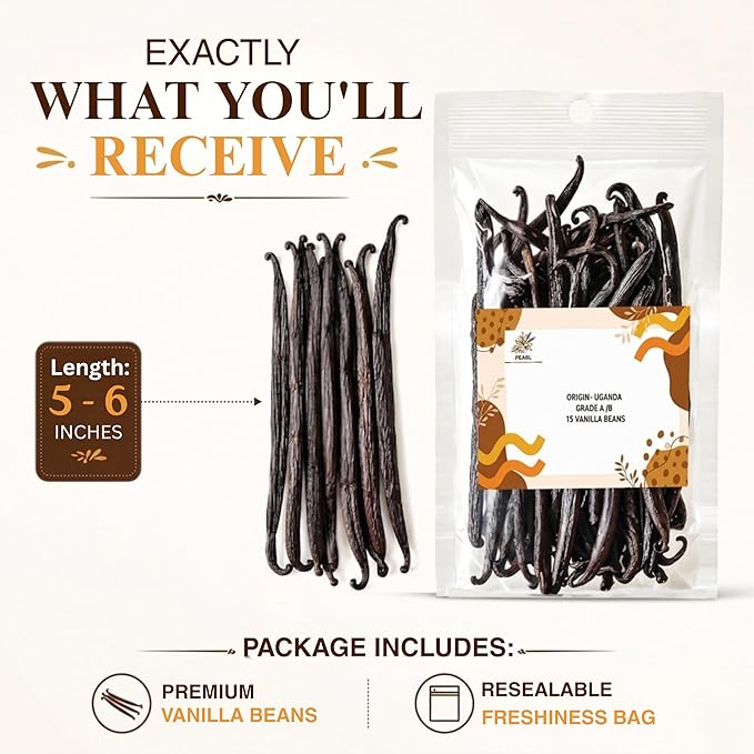 15 Organic Vanilla Beans Grade A 5-6 Inch Whole Pods for Homemade Extract, Baking & Brewing | Moist & Plump | Non-GMO, Gluten-Free