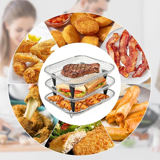 3 Tiers Air Fryer Mesh Baskets, 8×8×1.7 Inch Stackable Square Stainless Steel Square Dehydrator Racks Air Fryer Accessories with Silicone Feet for Ninja Cosori Chefman Instant