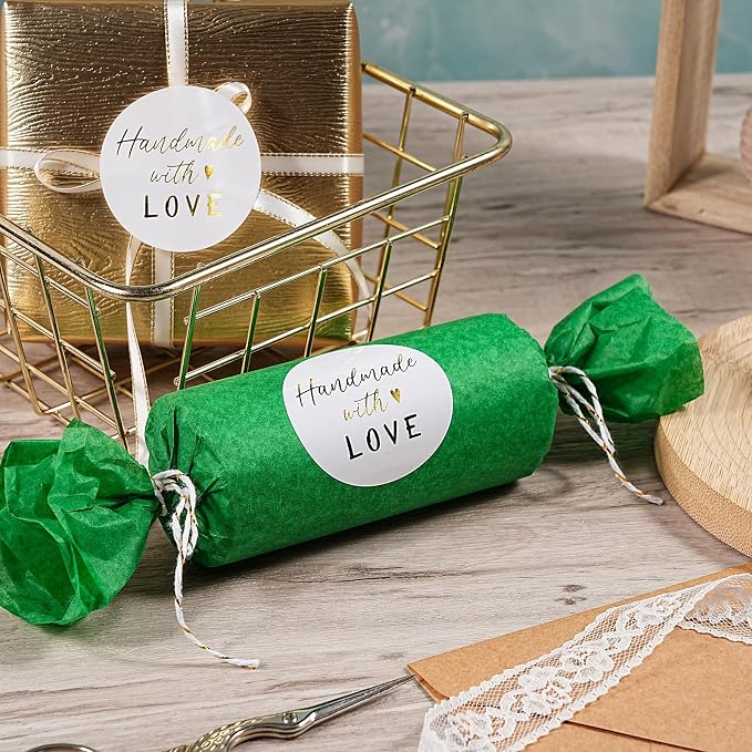 WRAPAHOLIC 2 Inch 500 Total Business Stickers Roll - Gold Foil Handmade with Love Design, Thank You Lables, Shipping Stickers for Party Decorations