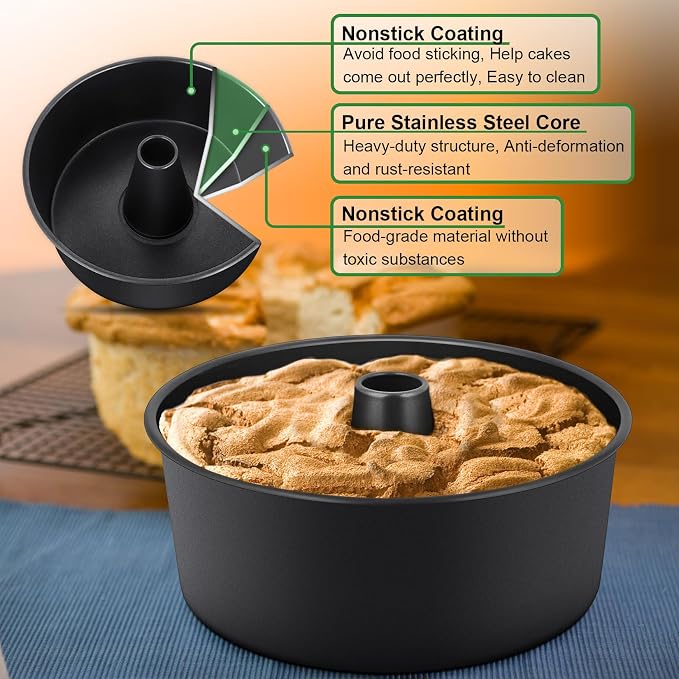 P&P CHEF Angel Food Cake Pan, 10 Inch Cake Pan Round Baking Tube Tin for Baking Pound Cakes, Conical Hollow & One-piece Design, Stainless Steel Core & Heavy-duty, Oven Safe - Black