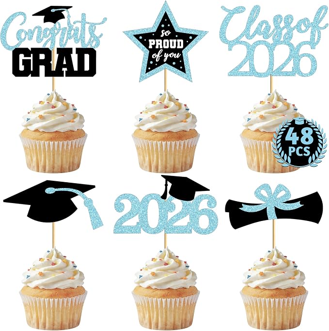 48 PCS Graduation Cupcake Toppers 2026, 6 Styles Grad Cupcake Toppers, Glittery Congrats Graduation Decor, Black and Sky Blue Cap and Diploma Cake Picks for Grad Decorations Party Supplies