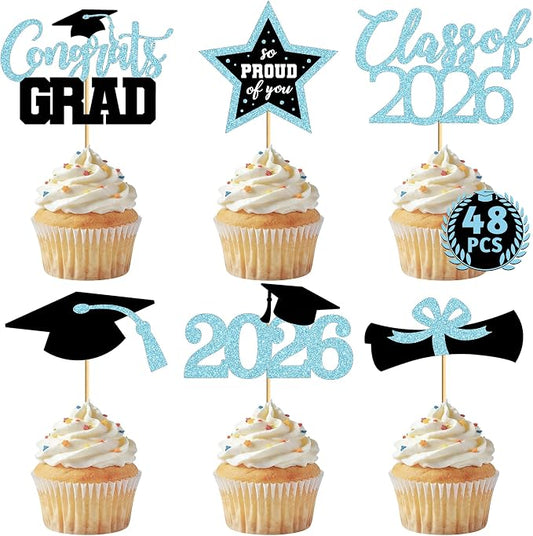 48 PCS Graduation Cupcake Toppers 2026, 6 Styles Grad Cupcake Toppers, Glittery Congrats Graduation Decor, Black and Sky Blue Cap and Diploma Cake Picks for Grad Decorations Party Supplies