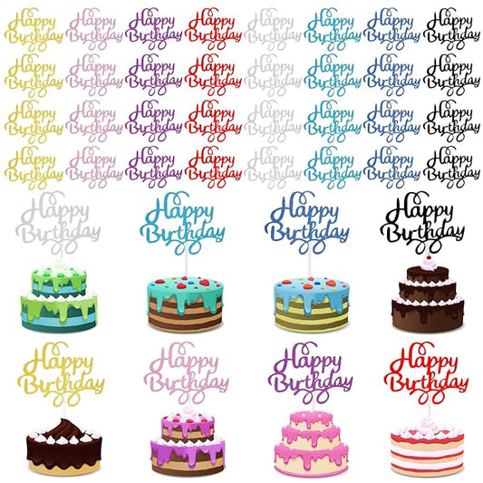 Boao 40 Pieces Happy Birthday Cake Toppers 5.3 x 3.94 in Glitter Birthday Cupcake Topper Cake Party Supplies Decorations, 8 Colors