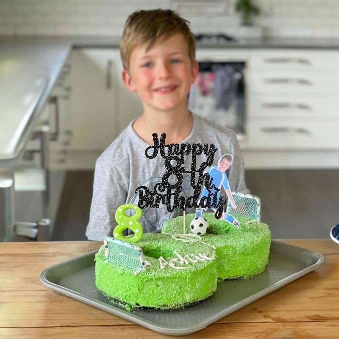 Gyufise 1Pc Happy 8th Birthday Cake Topper - Glitter 8 & Fabulous Cheers to 8 Years Old - Cake Pick for Celebrating Anniversary Party Decorations Supplies Black