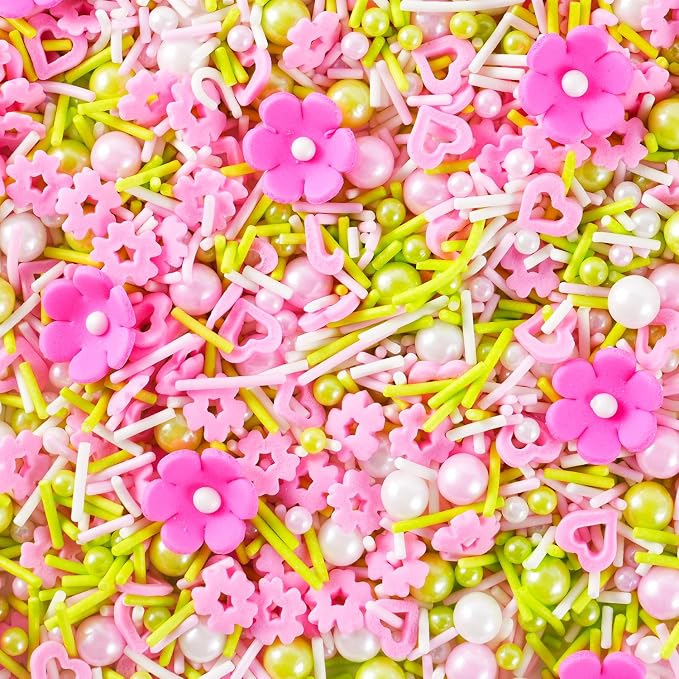 Flowers Sprinkles for Cake Decorating, 15 Pink Flowers Icing Decorations - 7 oz Easter Pastel Sprinkles Green Pink Sugar Pearls Jimmies for Cookie Decorating, Spring Sprinkles Cupcake Topper, Ice Cream, Candy Chocolate