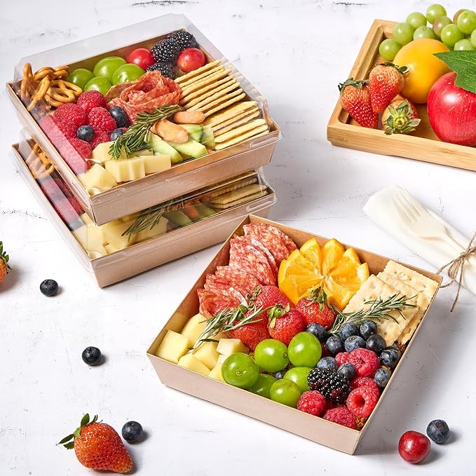 ZORRITA Large Charcuterie Boxes with Clear Lids, 7x7 Inch, 40 Pack, Brown | Disposable, Square, Kraft Paper, To Go Food Containers, Bakery Boxes, For Charcuterie Desserts Strawberries Cookies
