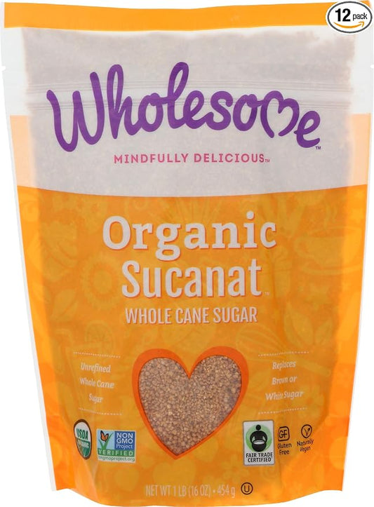 Wholesome Sweeteners 32-Ounce Organic Sucanat Panela Whole Cane Sugar, Fair Trade, Non-GMO Project Verified, Gluten Free & Vegan for Baking, Sprinkling and More, 12 Pack