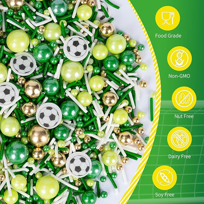 Edible Soccer Sprinkles for Cake Decorating,Food Grade 130g,Baking Sprinkle Mix for Sports & Football Theme Party,Green Gold White Pearls and Jimmies with Soccer Wafer Paper Toppers,for Cupcakes,Ice Cream,Cookies,Donut,Cake Decorations,Match Viewing Ev...