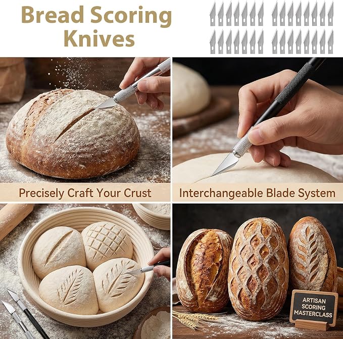 2pcs Upgraded Bread Lame with 20 Blades, Professional Sourdough Scoring Tool for Bread Scoring Tool, Safety Cover & Ergonomic Handle, Lame Breads Tools for Artisan Breads Making