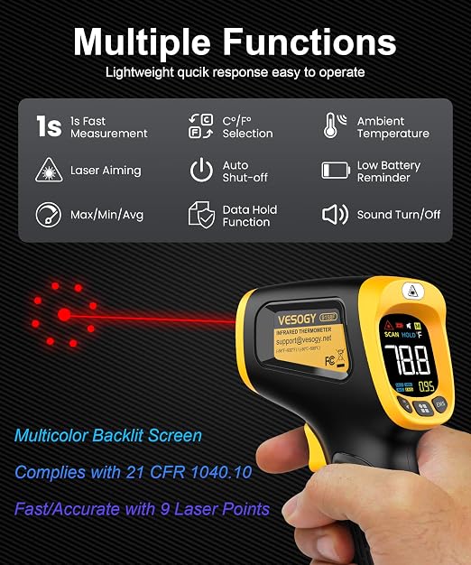 Infrared Thermometer Temperature Gun -58°F ~932°F, Digital Laser Thermometer Gun for Cooking, Pizza Oven, Grill & Engine, IR Thermometer Temp Gun with Adjustable Emissivity & Max-Min Measure