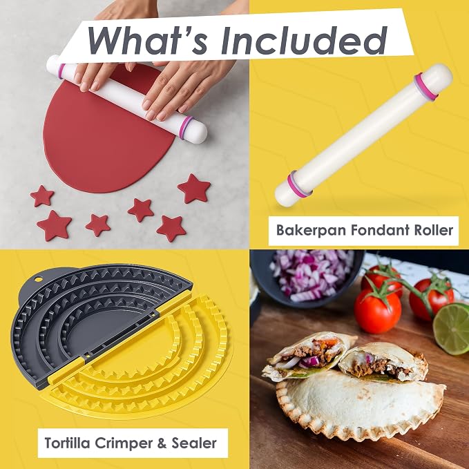 3-in-1 Tortilla Sealer, Tortilla Crimper Includes Free Rolling Pin – Adjustable and Removable 6, 8 & 10 Inch Plates for Burritos, Tacos, Quesadillas, Dumplings & Sandwiches – Yellow & Black