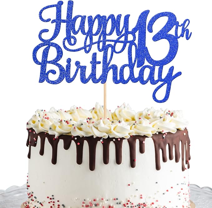 1 PCS Happy 13th Birthday Cake Topper Glitter Cheers to 13 Years Birthday Cake Pick Official Teenager 13 Fabulous Cake Decoration for Happy 13th Birthday Theme Party Decorations Supplies Blue