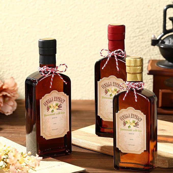 Suclain 8 Pack 8.5 oz Amber Glass Bottle for Vanilla Extract Homemade, Brown Vanilla Extract Bottles with Airtight Lid and Stickers for Syrup Gift Food Storage Canister Christmas Small Gift(Mixed)