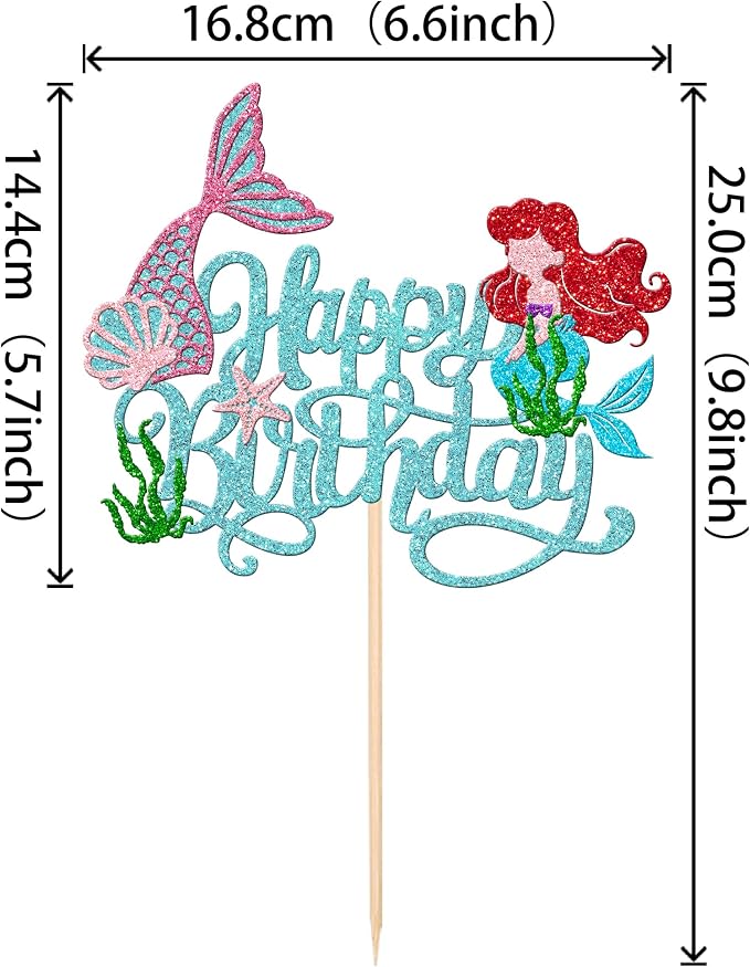 1 PCS Happy Birthday Cake Topper - Starfish, Seawood, Seashells, Mermaid Tail for Under the Sea Mermaid Theme Party Decorations, Blue