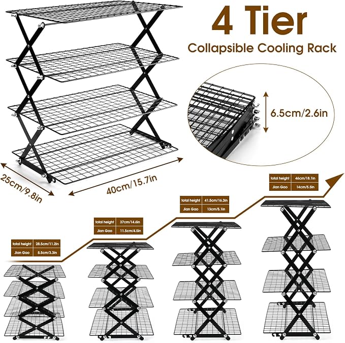 4 Tier Collapsible Cooling Rack - 3 Setting Design, Adjustable Stackable Wire Cooling Racks for Baking, Outdoor Camping Picnic Shelf, Wire Cooling Rack for Baking, Cookies, Cake, BBQ, Drying Rack