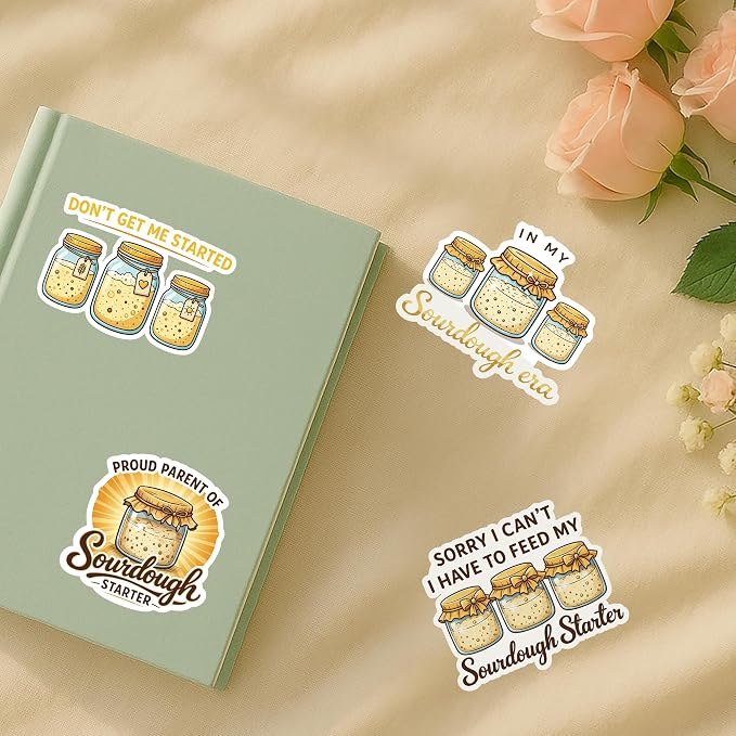 (4 Pcs) Funny Sourdough Stickers – Waterproof UV DTF Vinyl Sourdough Stickers, Funny Baking Stickers, Bread Stickers for Water Bottles, Laptop & Packaging, Sourdough Bread Stickers for Bakers, Kitchen
