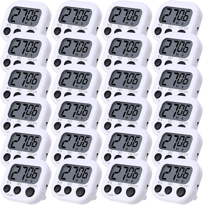 Leumoi 24 Pcs Digital Kitchen Timers Magnetic Back Timers Bulk Large Screen Loud Alarm On/Off Switch Minute Second Count up Countdown Memory Setting for Cooking Classroom Exercise (White and Black)