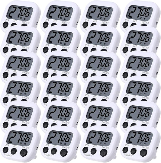 Leumoi 24 Pcs Digital Kitchen Timers Magnetic Back Timers Bulk Large Screen Loud Alarm On/Off Switch Minute Second Count up Countdown Memory Setting for Cooking Classroom Exercise (White and Black)