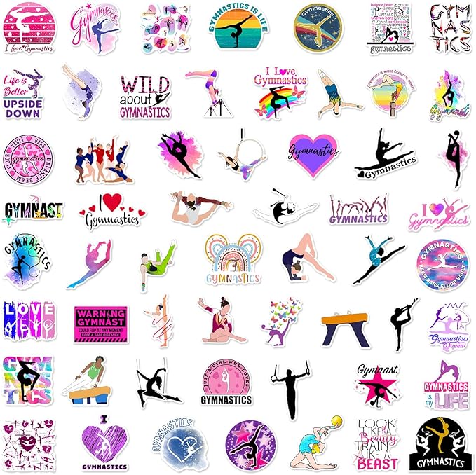 Gymnastics Stickers for Water Bottles - 50PCS Aesthetic Gymnastics Gifts Vinyl Waterproof Exercise Stickers for Laptop, Scrapbook, Journal, Perfect for Gymnasts, Teens, Girls, and Sports Lovers
