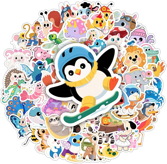 50PCS Animal Stickers, Cute Water Bottle Stickers for Kids, for Teaching Rewards, Notebooks, Stationery, Luggage, Cartoon PVC Happy Stickers