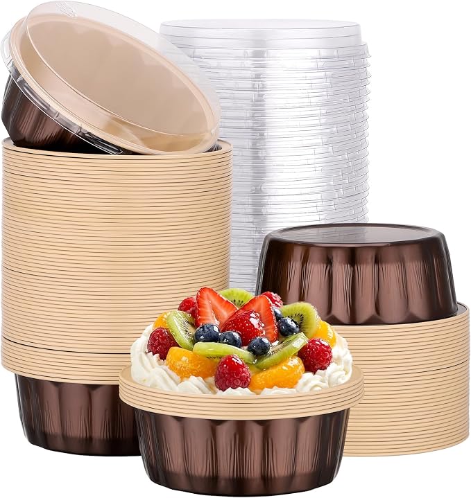 Beasea Disposable Baking Cups with Lids, 100 Pack 8oz Aluminum Foil Ramekins with Lids, 235ml Creme Brulee Muffin Cupcake Mini Pudding Baking Cups Tin for Party Birthday - Mocha Almond