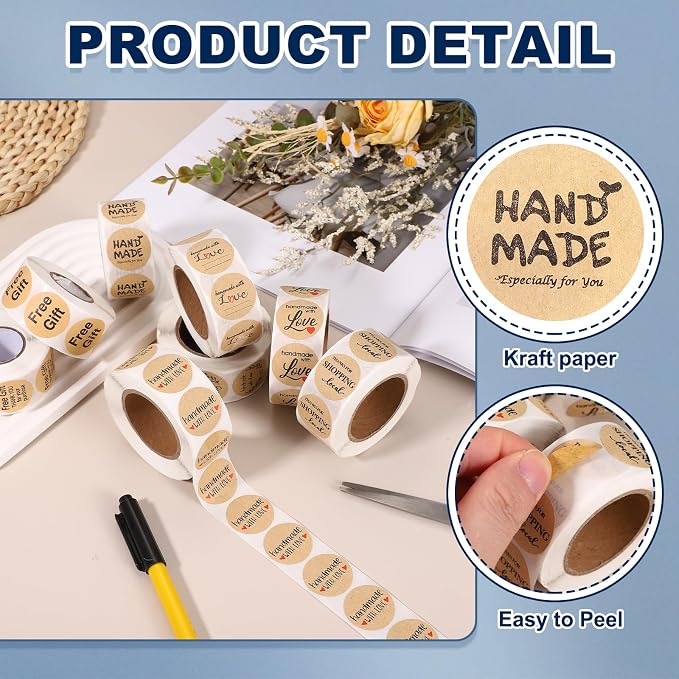 PATIKIL 500 Pcs A06 Hand Made Stickers,1 Inch Thank You Stickers Kraft Paper Labels Customer Appreciation Adhesive Sticker Roll Cute for Small Business Packaging Envelope