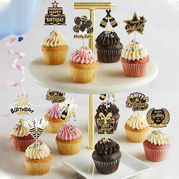 40 PCS Happy Birthday Cupcake Toppers Double Sided Balloon Star Cheers Party Time Happy Birthday Cupcake Picks for Celebrating Anniversary Theme Party Cake Decorations Supplies Black Gold