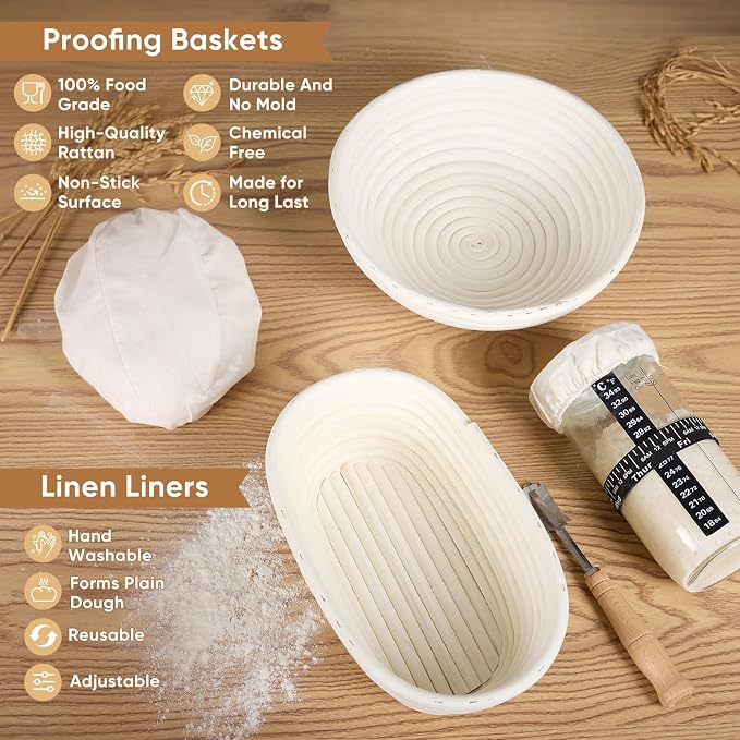 Sourdough Starter Kit, Banneton Bread Proofing Basket Baking Gift Set, Sourdough Bread Baking Supplies, Sourdough Tools with Starter Jar, Bread Sling, Bread Lame, Bread Making Tools