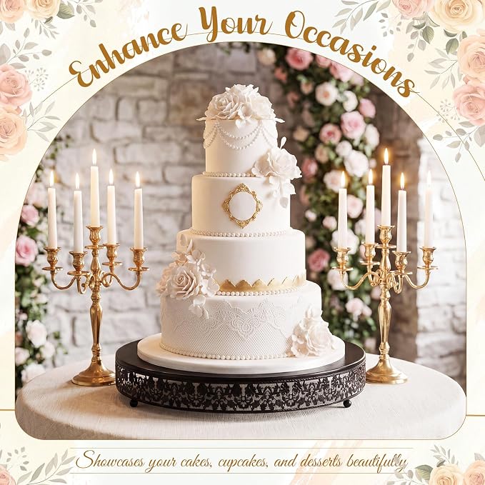 Wenqik 20 Inch Black Cake Stand Set Metal Round Cupcake Dessert Stand with Cake Cutting, Flower Spatula Wedding Cupcake Pastry Display Candy Holder Display for Wedding Party Birthday Baby Shower