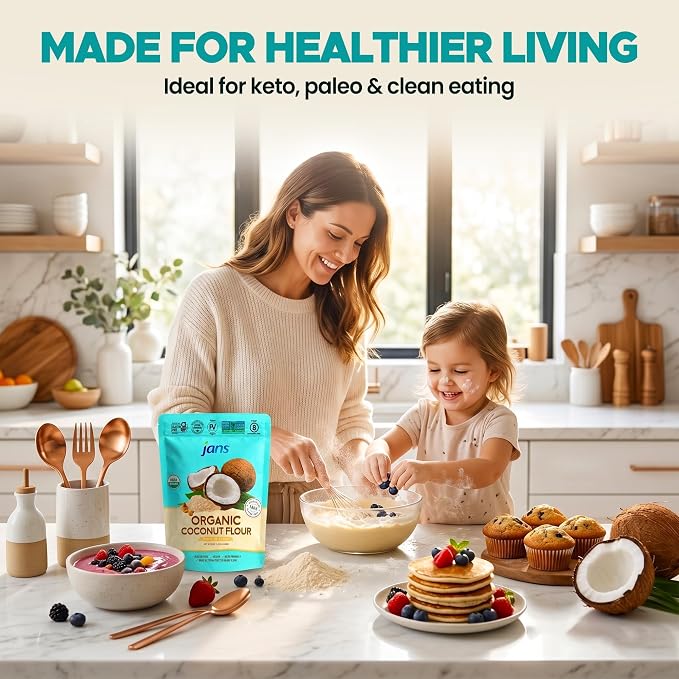 Jans Organic Coconut Flour, 1.1 lb – Gluten Free Coconut Flour, Keto & Paleo Friendly, High Fiber Low Carb Baking Flour Substitute, USDA Organic, Unbleached & Unrefined, Vegan