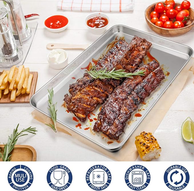 P&P CHEF 16 Inch Baking Cookie Sheet, Oven Pan Tray Stainless Steel Sheet Pan for Kitchen, Oven Bakeware for Multi Uses, Shiny Look & Dishwasher Safe, Healthy & Heavy Duty, 2Pcs