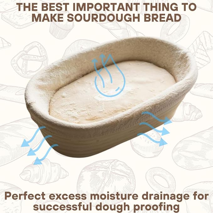 [Upgraded] Banneton Bread Proofing Basket 2 pack 10" Oval With Liner, Natural Rattan Bread Basket Perfect for Professional & Home Sourdough Bread Baking, Artisan Sourdough Bread. (Set 2 pack 10" Oval)