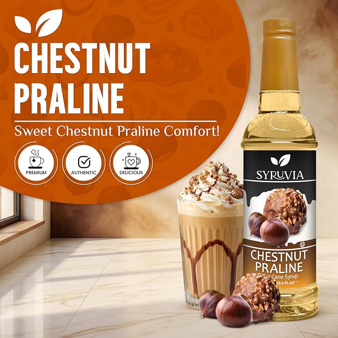 Syruvia Coffee Syrup, Chestnut Praline Flavored Syrup for Drinks, Lattes, and Desserts – 25.4 fl oz - with Pump