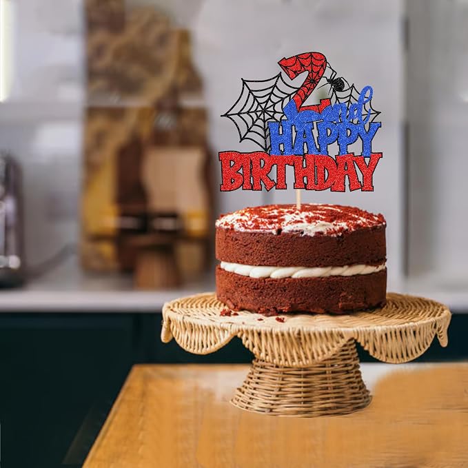 1 PCS Happy 2nd Birthday Cake Topper Glitter Spider Web Cheers to 2 Years Two Birthday Cake Pick Superhero Spider Party Cake Decorations for Kids Boys Girls Happy Second Birthday Party Supplies