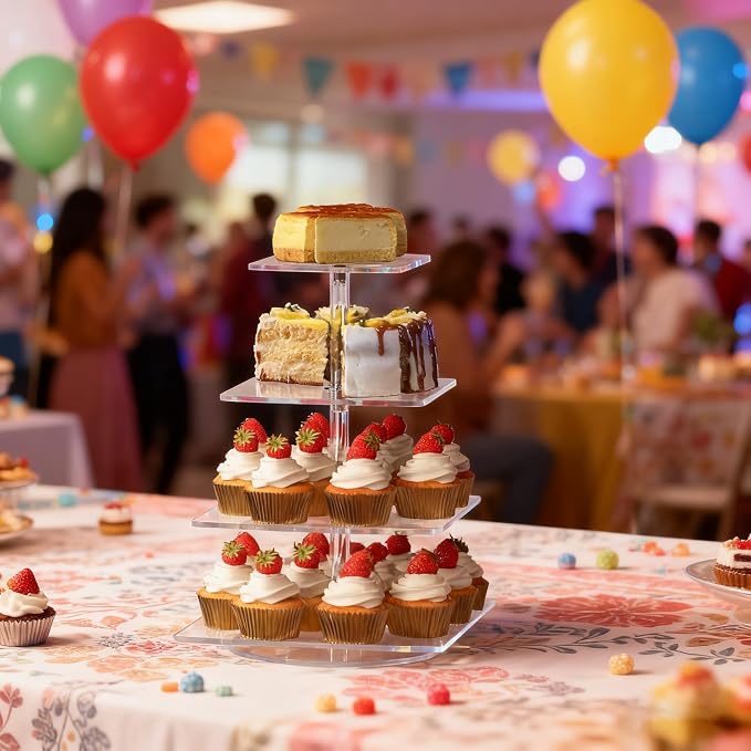 4-Tier Rotating Cupcake Stand, Clear Acrylic 360° Spinning Dessert Display Tower for Cakes & Pastries, Serving Stand for Weddings, Birthdays, Parties - Square