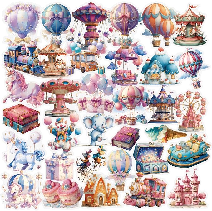 50 pcs Watercolor Carnival Fairytale Amusement Park Clear PET Stickers, Hot Air Balloon Carousel Unicorn Castle Transparent Die-Cut Decals for Journal Scrapbook Planner Kids Party DIY Craft Decor